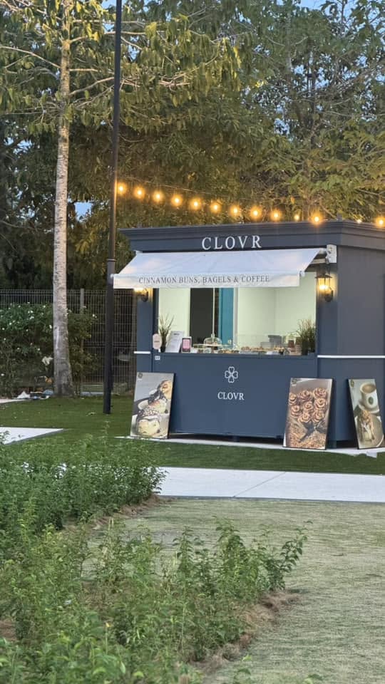 CLOVR Micro-Kiosk at Dusk with Bistro String Lights